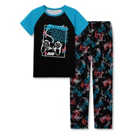 Beezizac Big Boys Pajamas Black & Blue Gamer 2-Piece Short Sleeve & Pants PJ Set Soft Kid Sleepwear Size 10