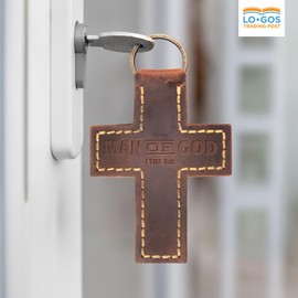 LO·GOS TRADING POST Cross Bible Keychain - Hand-Stitched Genuine Cowhide Leather Keychain Strap - Man of God 1 Tim 6:11 Stamped Scripture - Luxury Christian Bible Verse Gift Accessory for Men & Women