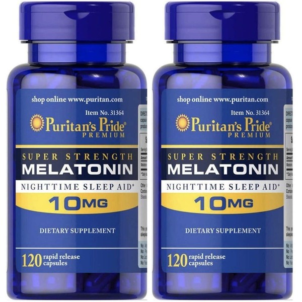 Melatonin by Puritan's Pride, Nighttime Sleep Aid, Super Strength Rapid Release Capsules, 10mg, 2 Bottles of 120 Capsules