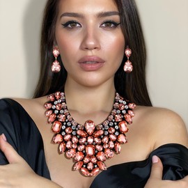 Ever Faith Costume Jewelry for Women, Champagne Color Rhinestone Crystal Chunky Collar Statement Necklace Earrings Set