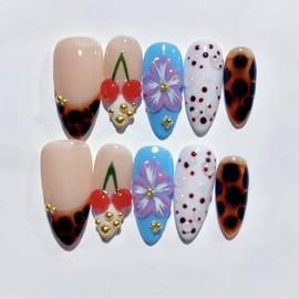10 Pcs Handmade French Tip Press on Nails Medium Almond Fake Nails with with 3D Cherry Flower Design Fall Leopard False Nails Handmade Acrylic Nails Press ons Reusable Stick on Nail for Women (S)
