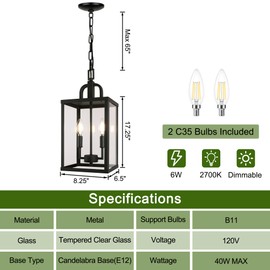 Large Outdoor Indoor Pendant Light 2-Light, Modern Black Metal Outside Chandelier Exterior Hanging Fixture Ceiling Mount with Clear Glass Shade for Front Porch Entrance Foyer Entryway (Bulb Included)
