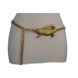 TFJ Women Fashion Belt Hip High Waist Gold Metal Chains Alligator Crocodile Buckle XS S M