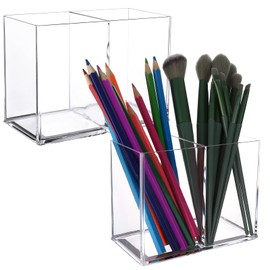 2Pcs Acrylic Pen Holder Acrylic Pen Pot, 2 Compartments Pen Pencil Holder Square Acrylic Pencil Organizer Transparent Pen Cup Clear Makeup Brush Holder Pencil Storage Basket for School Home, Office