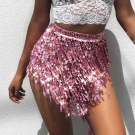 Zoestar Boho Sequin Tassel Hip Scarf Multilayer Belly Dance Belt Dance Performance Skirt for Women and Girls (Pink)