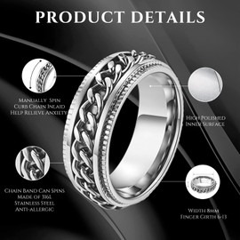 LIAN Stainless Steel Spinner Rings for Men Women Fidget Rings Chain Ring Band Rings 8mm Black/Silver 6-13