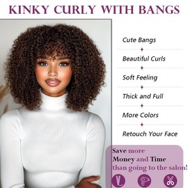 DÉBUT Glueless Bob Wigs Brown Human Hair Short Curly Wigs with Bangs Wear and Go Kinky Curly Brazilian Hair Wigs 200% Density for Black Women Brown 12 Inches