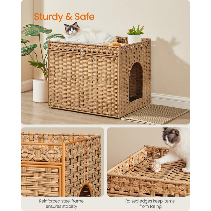 Feandrea Cat Litter Box Enclosure, Handwoven Rattan Hidden Litter Box
