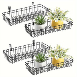 ZHOHO TANT 4 Pack 15.75 x 6 x 2.36 Inch Metal Grid Wall Baskets with Hooks, Hanging Wire Grid Basket, Multi-Function Wall Mounted Organizer for Kitchen Organizing Display, Black