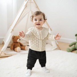 HKYFNNBW Baby Girl Knitted Cardigan Eyelet Long Sleeve Crew Neck Button-up Sweater Casual Tops Winter Fall Clothes (Apricot, 9-12 Months)