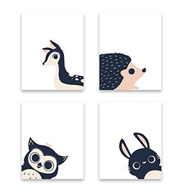 Peeking Animal Collection, Children's Wall Art Prints, Set of Four 08x10 Inch Print, Forest Nursery, Gender Neutral Nursery Decor, Rabbit, Deer, Owl, Hedgehog Decor, Woodland Nursery, Baby Room Decor
