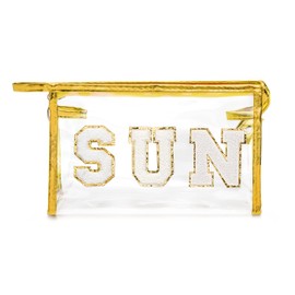 Y1tvei Gold SUN Preppy Patch Varsity Letter Cosmetic Toiletry Bag Transparent PVC Zipper Swimming Pool Makeup Bag Daily Use Clutch Purse Portable Waterproof Travel Organizer Bag for Women Girls Teens