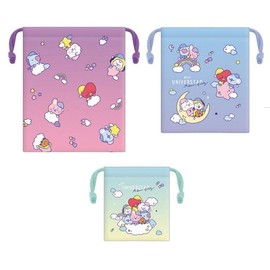 BT21 Drawstring Bag Kinchaku Pouch, 3-Piece Set, Nighttime Line Friends,