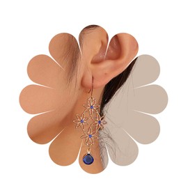 Yheakne Hollow Flower Earrings Gold Tip Filigree Earrings Sapphire Pearl Earrings Ethnic Long Flower CZ Chandelier Earrings Jewelry for Women and Girls, Crystal