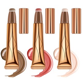 Litinliv 3PCS Cream Contour Beauty Wand with Cushion Applicator, Liquid Highlighter Wand, Blush Wand, Face Blush Illuminator Makeup Stick, Long Lasting Smooth Natural Matte Finish, Cream Blush Stick