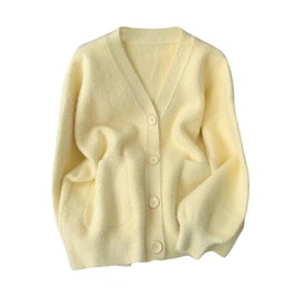 MakeMeChic Women's Fuzzy Cardigan Button Down Long Sleeve V Neck Retro Fall Sweater Yellow X-Small