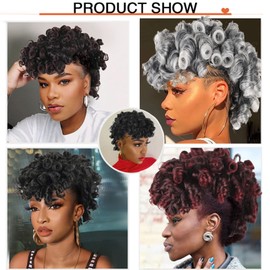CINHOO Deep Curly Mohawk Hair Wigs for Women,Fake Ponytail with Bangs Gray Faux Mohawk Hair Piece Gary Wigs for Black Woman Afro Puff with Bangs Clip in Hair Extensions with 8 Clips (1B/Gray)