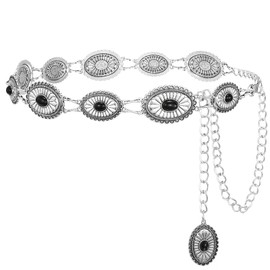 SANSTHS Western Metal Concho Belt for Women, Waist Chain Cowgirl Belt for Dresses Jeans Pants with Silver Chain, black gem S