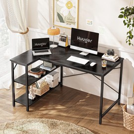 Huuger L Shaped Desk, 47 Inches Computer Desk with Reversible Storage Shelves, Gaming Desk, Corner Desk Home Office Desks, Writing Desk Study Desk with Metal Frame, Black