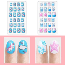 Laza 120pcs Children Nails Press On Pre-glue Full Cover Nail Tips Kit Glitter Gradient Color Rainbow Short Artificial False Nail Kits Lovely Christmas Gift for Children Kids Girls - Ocean Seashell
