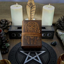 Urooj Handicraft 400 Page Book Of Shadows journal blank dream catcher with owl leather witchcraft books grimoire spell sketchbook college poetry personal notebooks (Owl 2)