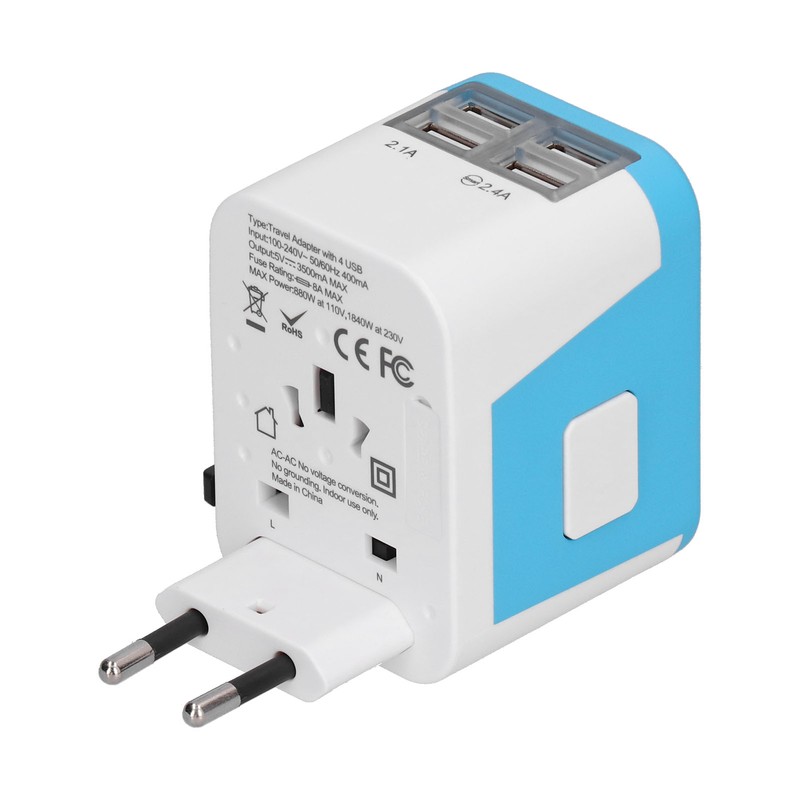 International Power Adapter Travel Plug with 4 USB Ports for