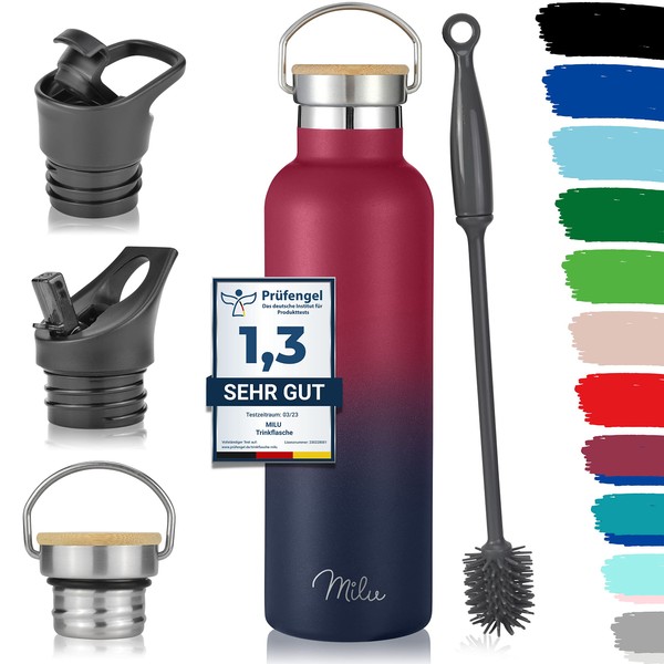 Milu Stainless Steel Drinking Bottle 350 ml 500 ml 750 ml 1000 ml (+ 3 Lids) Thermos Flask with Straw, Insulated Water Bottle, Leak-proof Insulated Flask Double-Walled (Berry Blue, 750ml)