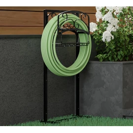 Kingson Portable Garden Hose Holder with Storage Basket - Heavy-Duty Freestanding Steel Stand, Holds 150FT Hose, Black Powder-Coated Finish, Detachable & Space-Saving Design with Tools