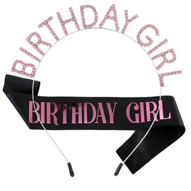 CHTENG Colorful Sash & Tiara Rhinestone Crown Headband Birthday Party Pink 03