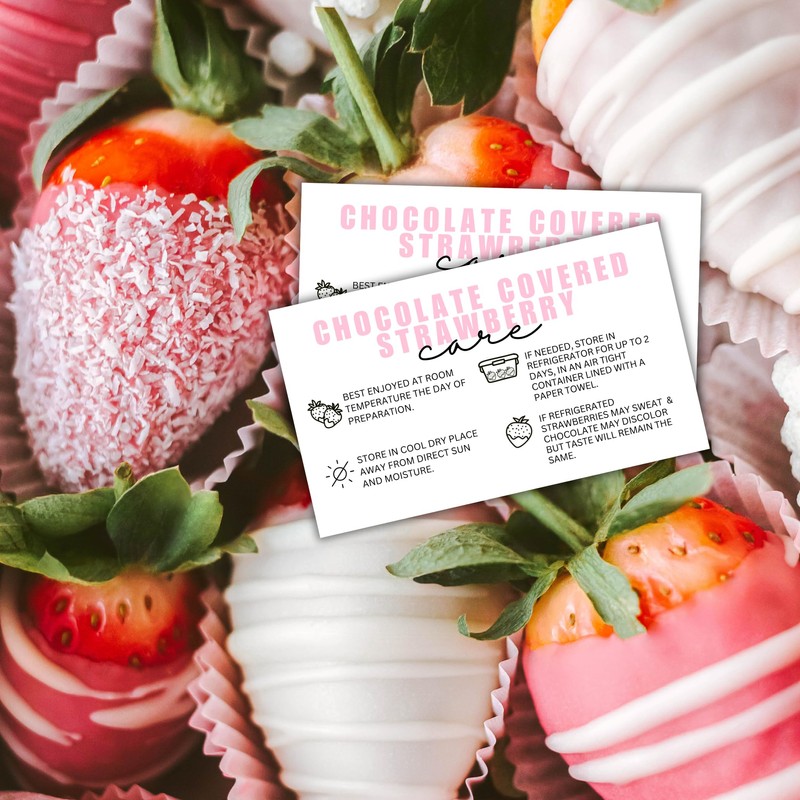 Chocolate Covered Dipped Strawberry Care Instruction Cards | 50pk 2x3.5”