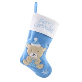 WEWILL 18’’ Baby’s First Christmas Stockings Felt Teddy Bear Embroidered White Cuff Xmas Stocking Gift Bag Home Holiday Decoration, Blue