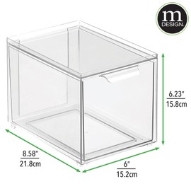 mDesign Plastic Stackable Closet Storage with Pull Out Bin Organizer Drawer for Cabinet, Desk, Shelf, Cupboard, or Cabinet Organization - Lumiere Collection - Clear