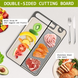 Stainless Steel Cutting Board for Kitchen,3-in-1 Double Sided,Non-Slip,Scratch-Resistant Mesh Design with Juice Groove Food Grade,Dishwasher Safe,Easy Clean,Wheat Straw PP Large Chopping Board 15*10IN
