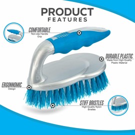 Scrubbing Brush With Handle Thin Stiff Bristles Iron Shaped Plastic Hand Scrubber Brushes Curved Grip For Indoor Outdoor Floor Kitchen Bathroom Carpet Bath Shower Sink Car Household Cleaning Pack (1)