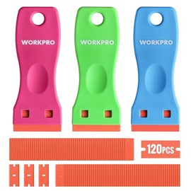 WORKPRO 3-Piece Plastic Razor Blade Scraper with 120 Pcs Plastic Razor Blades, for Gasket Remover, Labels Decal and Adhesive Remover for Windows and Glass