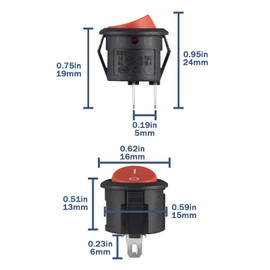VEXUNGA Rocker Switch Mini Rocker Switch Round 2-Pin Red On/Off Switch Small 3A 250V AC 6A 125V 15mm Plastic Push Button Switch (Pack of 10)