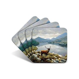 Stag Lake Drinks Coasters by Wildlife Artist Julian Friers - Set of 4 Stag Coasters - Non-Slip, Cork Table Coasters