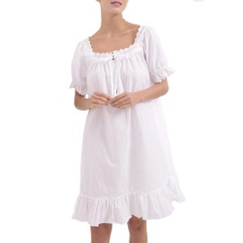 Womens Nightdress 100% Cotton Nightwear Sleepwear Victorian Vintage Nightgown Pajamas Sleep Shirt (White-short, M)