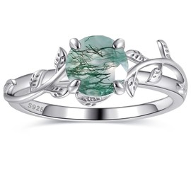 Bonlavie Moss Agate Engagement Rings for Women 925 Sterling Silver Wedding Band With Natural Gemstone Vine Leaf Design Size S