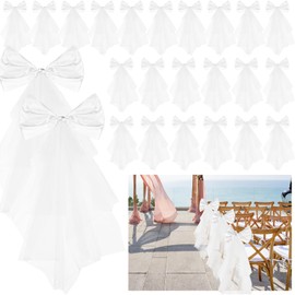 24 Pack Wedding Aisle Decoration for Pews White Large Bows for Decor Tulle Rhinestones Satin Bow for Wedding Reception, Banquet, Church Bench, Bridal Shower, Outdoor Lawn Ceremony, Party Decoration