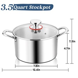 TeamFar 3.5 Quart Stock Pot, Tri-Ply Stainless Steel Pasta Cooking Pot with Lid, Tempered Glass Lid & Double Side Riveted Handles, Non-Toxic & Healthy, Heavy Duty & Dishwasher Safe
