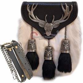 Scottish Kilt Semi Dress Sporran Semi Stag Sporran Antique Unique Stag.450 (White Rabbit Fur 28), Large