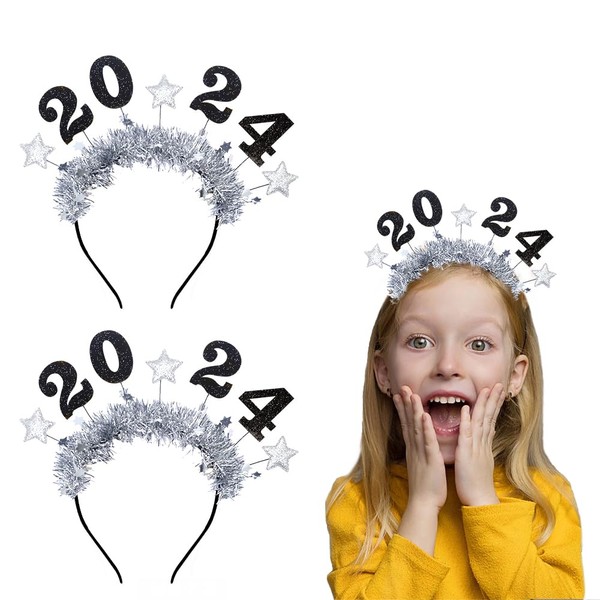 Estivaux 2 PCS Happy New Year Headbands Tiara for Women Man Kids, Glitter Sequins Stars Headband Sliver Tassel Hair Accessories Holiday Head Boppers for 2024 New Year Eve Party Favors Decor