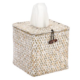 BTSKY Household Square Seagrass Facial Tissue Box - Decorative Woven Wicker Paper Holder Tissue Holder Organizer for Kitchen, Bathroom, Office and Hotel, Whitewash