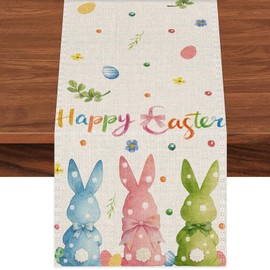 Rabbit Bunny Happy Easter Table Runner, Seasonal Spring Kitchen Dining Table Decoration for Party Home Kitchen Dining Holiday Decor 13x72 Inch
