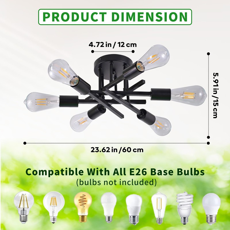 Phaosio 6-Light Semi Flush Mount Ceiling Light Fixture, Modern Black