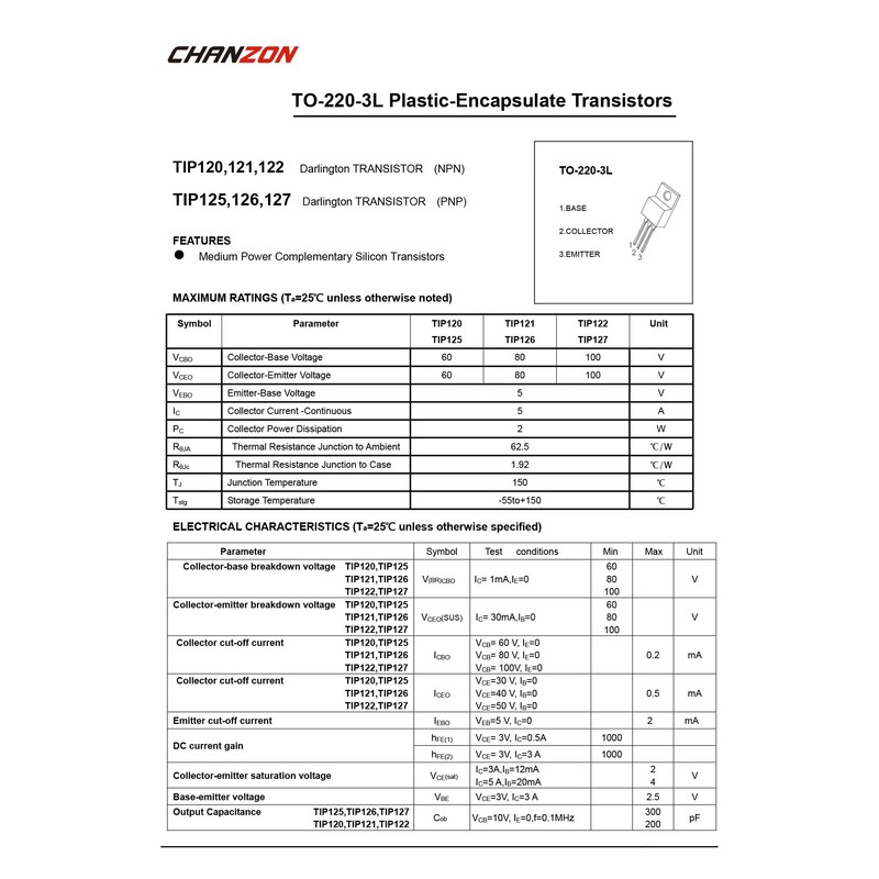 Chanzon TIP127 TO-220 Power PNP Darlington Transistor 5A Pack of