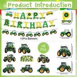 InIsaJace Tractor Birthday Party Decorations, 11PCS Happy Banners and Hanging Swirls, Tractor Party Decoration Farm Theme Green Birthday Decor Supplies Indoor Outdoor for Farmer Little Boys