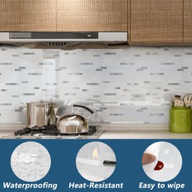 Yipscazo 20 Sheets Peel and Stick Stone Metal Backsplash Tiles, PVC Wall Tiles Stick on Backsplash for Kitchen, Bathroom (6'' X 12'', White with Grey)