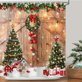 Jimuzi Farmhouse Christmas Shower Curtain Winter Xmas Tree Snowflake Fabric Shower Curtain Set with Hooks, Rustic Wooden Barn Door Shower Curtains for Bathroom, 71x71 Bath Curtain